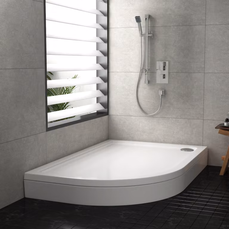 Hudson Reed Pearlstone Left Handed Offset Corner Shower Tray in White with Riser Kit, W: 120 cm, D: 80 cm, H: 4 cm