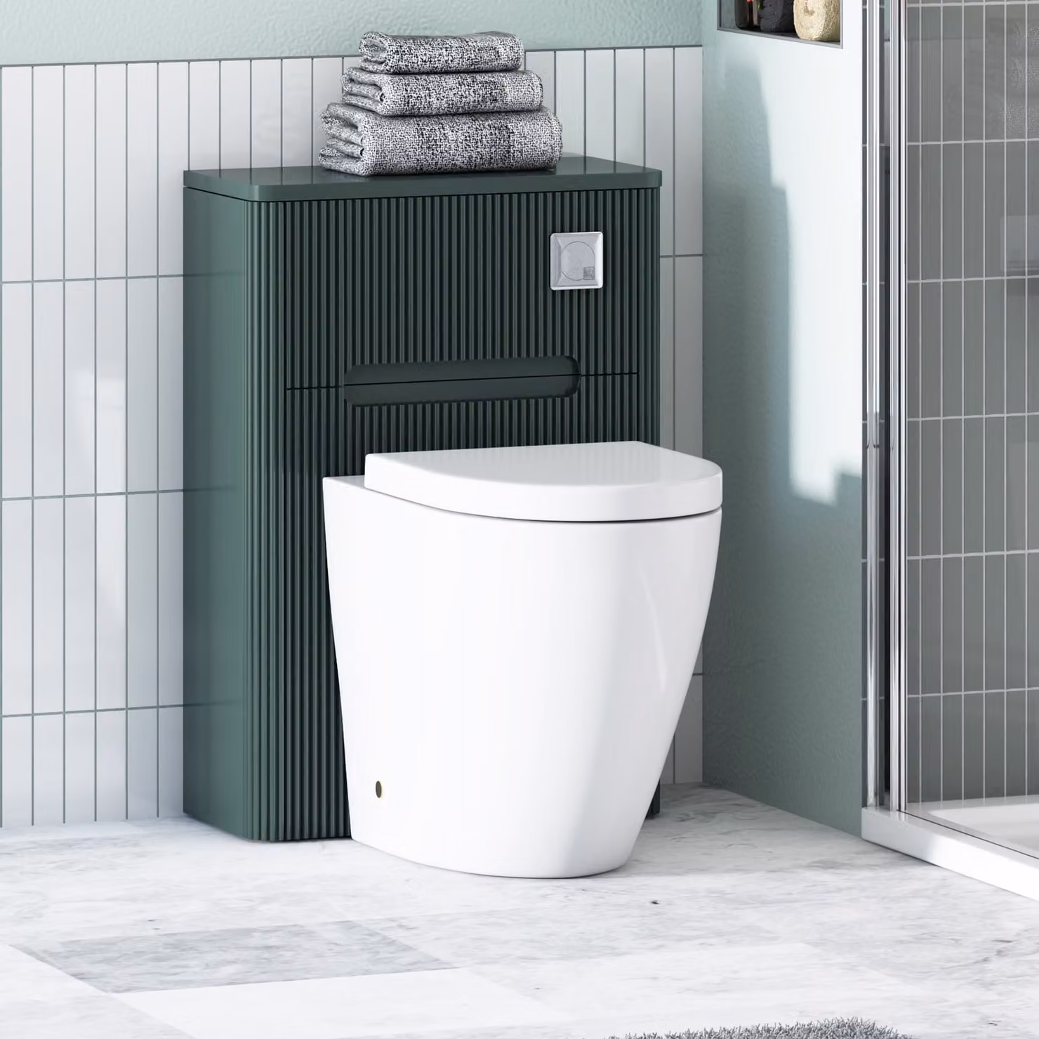 Avenza Moss Green Wall Mounted WC Unit with Elva Rimless Short Projection Ceramic Toilet Pan, Seat and Cistern, W/D/H: 50 x 55 x 55 cm