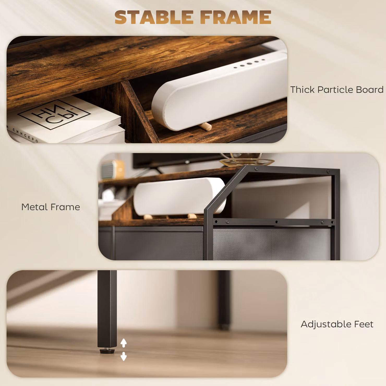 HOMCOM Rustic Brown TV Stand Cabinet for up to 55-inch TVs with 2 Foldable Fabric Drawers and 5 Side Pockets – 5