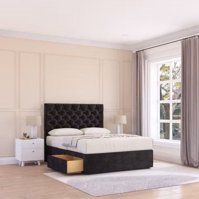 Sloomy Mayfair Small Double Divan Bed Base with 2 Drawers and Chesterfield Floor Standing Headboard in Black Velvet, W/D/H: 120 x 200 cm