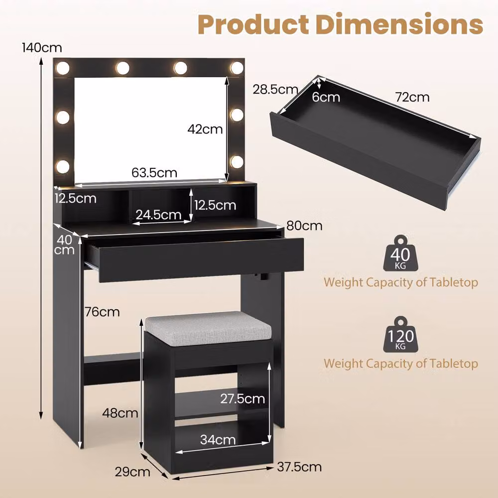 Costway Makeup Vanity Desk Set with Hollywood LED Mirror, Dressing Table and Stool in Black – 3