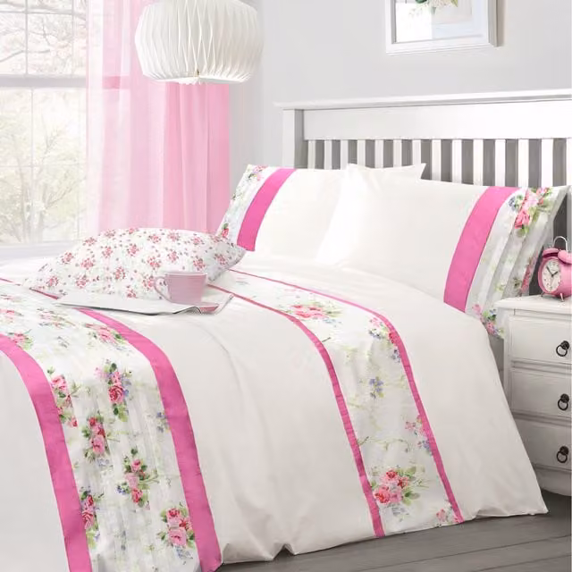 Intimates Floral Pleated Duvet Cover and Pillowcase Set, White and Pink, W: 140 cm, H: 200 cm