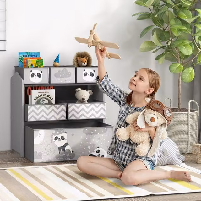 ZONEKIZ Kids Toy Storage Organiser with 6 Grey Fabric Bins