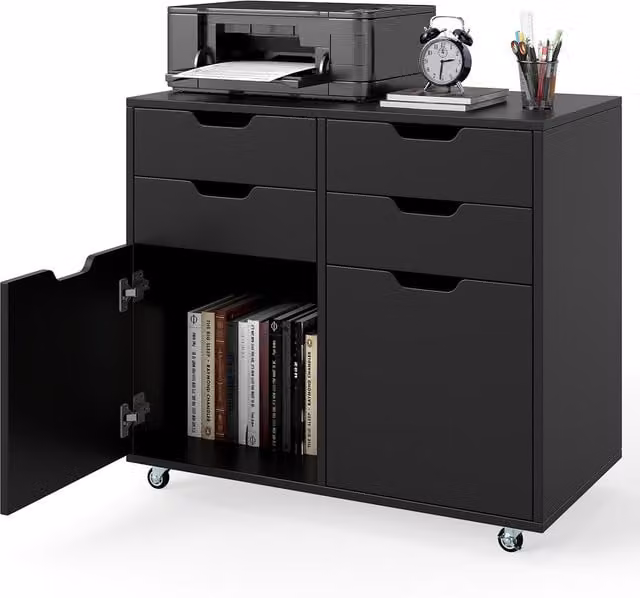Costway Modern 4 Drawer Black Wood Dresser Chest with Castors and Lock
