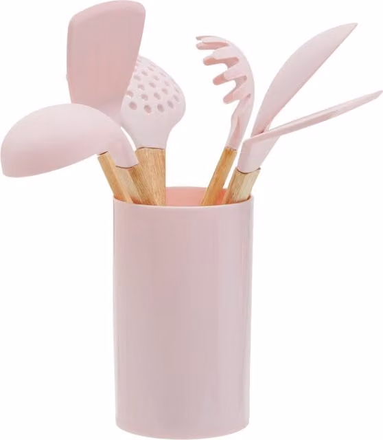 Orsina 7 Piece Pastel Pink Kitchen Utensil Set with Silicone Heads and Wooden Handles – 1