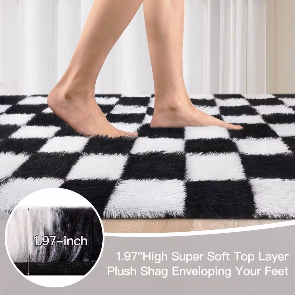 SPETLEK Black and White Checkerboard Fluffy Shaggy Rug for your Living Room – 2