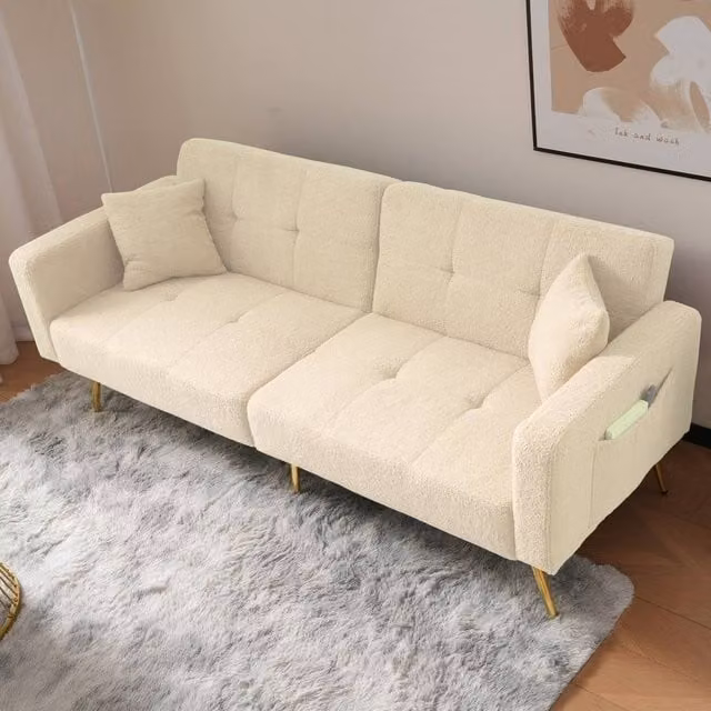 Merax 3 Seater Bouclé Fabric Sofa Bed in Beige with Adjustable Headrest and Click-Clack Sleeping Function – 1