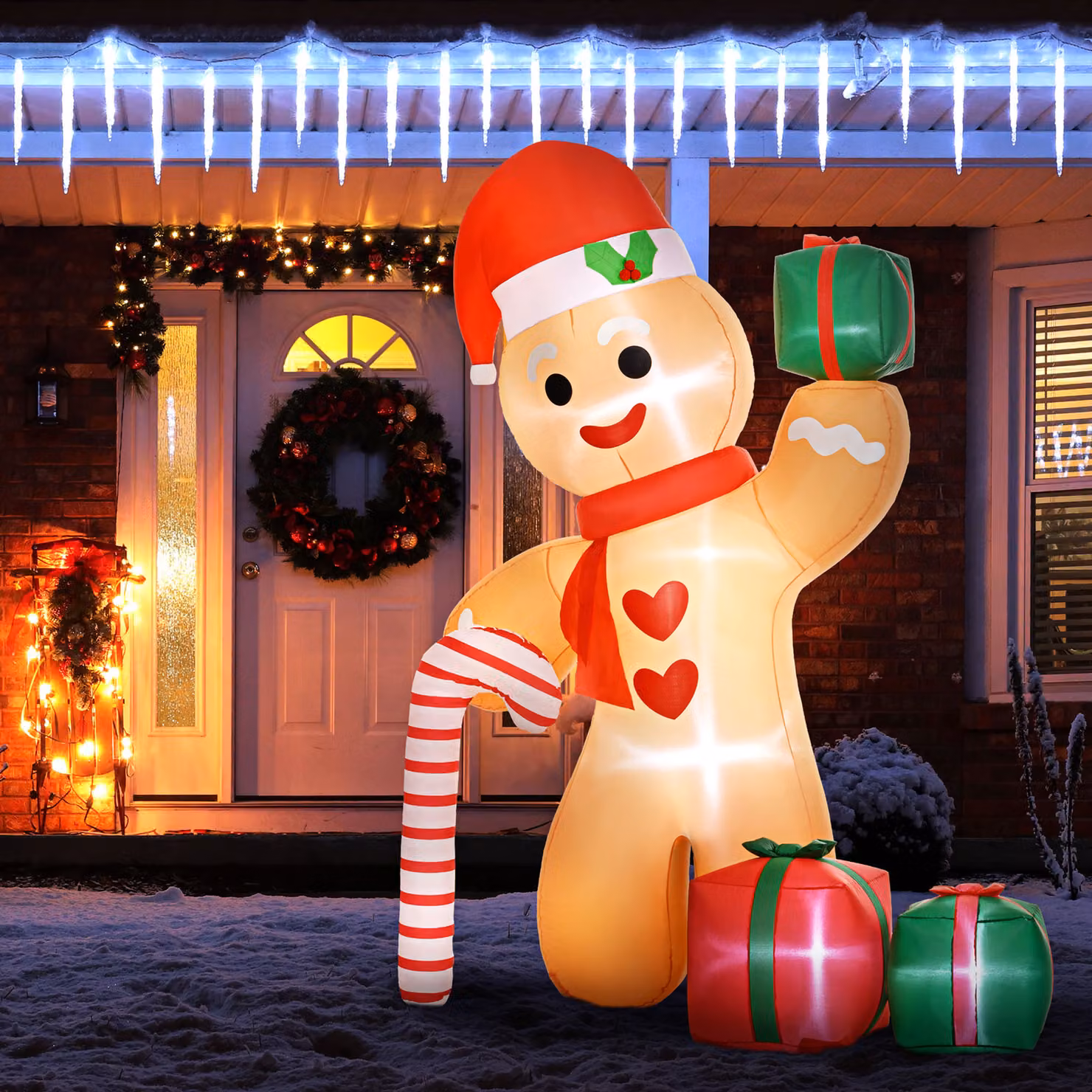 Outsunny 8ft Christmas Inflatable Gingerbread Man with Candy Cane and Three Gift Bags, Multicolour Outdoor Blow Up Decoration – 2