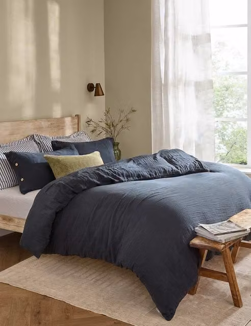 YARD Lark Navy Blue Pure Cotton Percale Bedding Set with Pillowcase, W: 140 cm, L: 200 cm