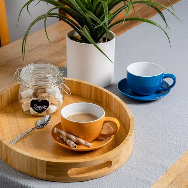 Argon Tableware 12-Piece Porcelain Cappuccino Cup and Saucer Set in Blue and Yellow, 250ml