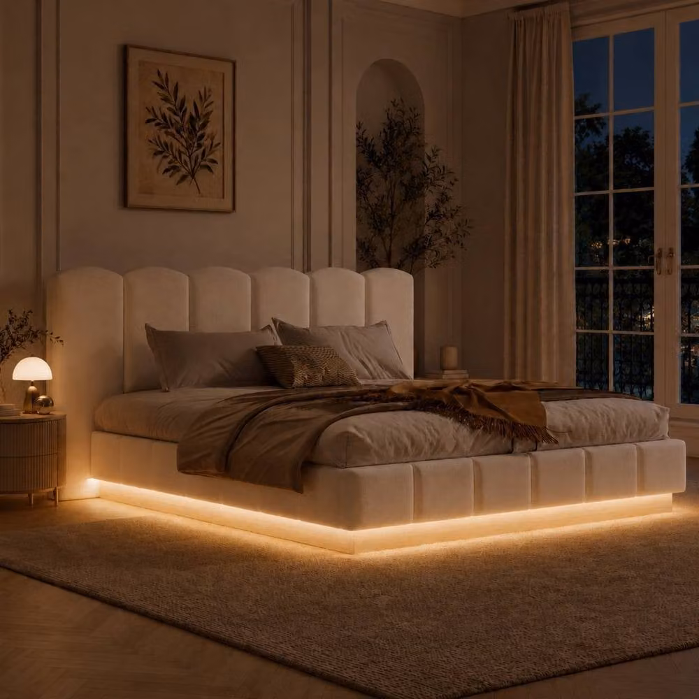 Rolipo Super King Ottoman Storage Bed in Beige Bouclé with Hydraulic Lift, W/D/H: 180 x 200 cm – 2