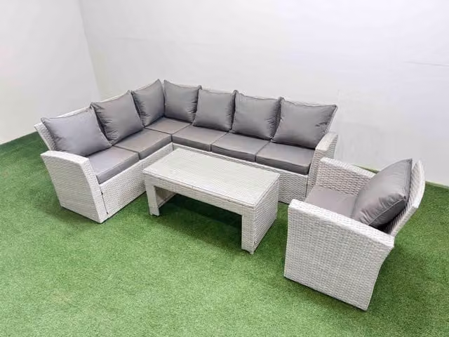 Fimous Outdoor 7 Seater Corner Sofa Set with Chair in Light Grey Mixed Rattan and Metal