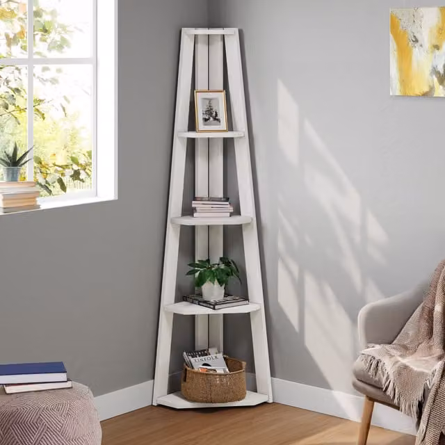 Mercers Furniture Corona White Corner Ladder Bookcase in Distressed White Wax, W/D/H: 36.0 x 36.0 x 161.0 cm