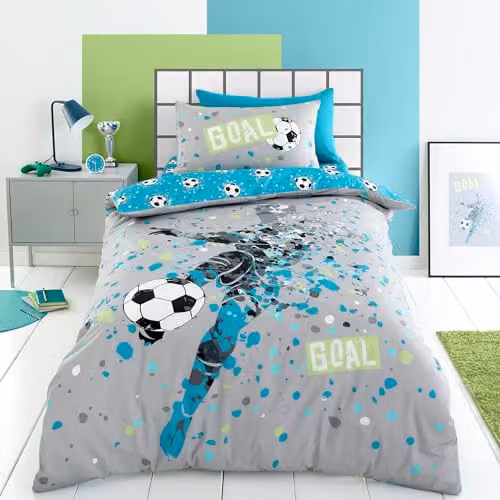 J Rosenthal & Son Bedlam Blue and Grey Aqua Football Duvet Cover and Pillowcase Set for Children, W/D/H: 200 x 200 cm