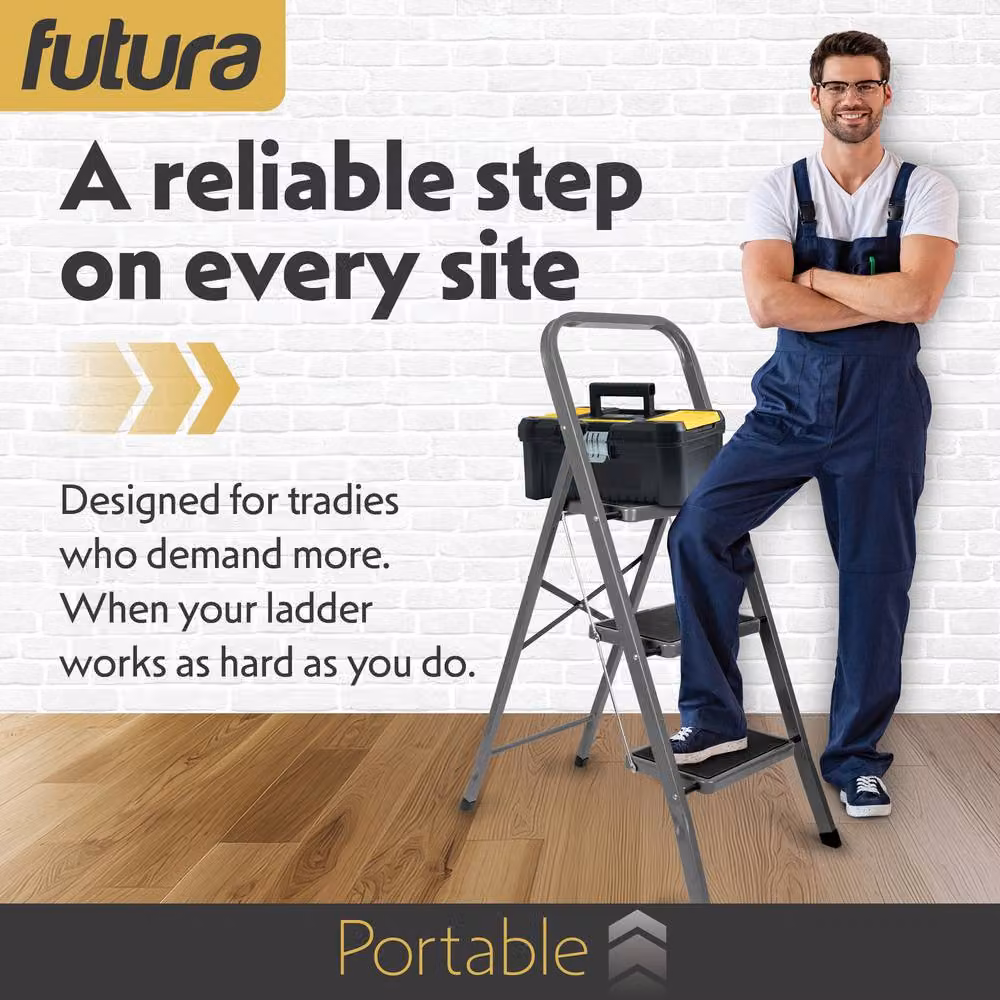 Futura 3 Step Heavy-Duty Steel Folding Step Ladder in Grey – 3