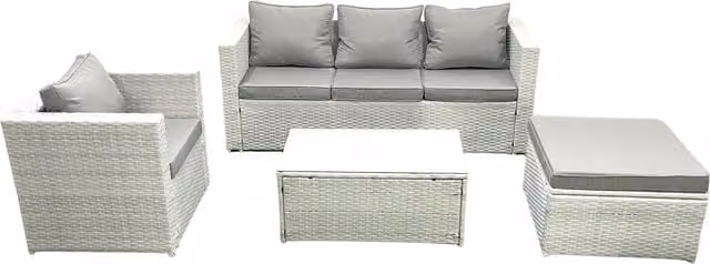 Fimous 5 Seater Rattan Garden Furniture Set in Light Grey with 3 Seater Sofa, Chair, Rectangular Coffee Table and Footstool