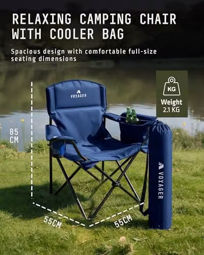 Voyager 2 Pack Folding Camping Chairs with Cooler Bag in Blue – 2