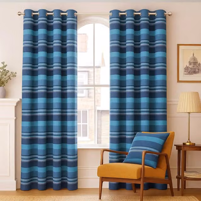 Homescapes Morocco Striped Cotton Curtain Pair in Blue, W: 182 cm, H: 167 cm