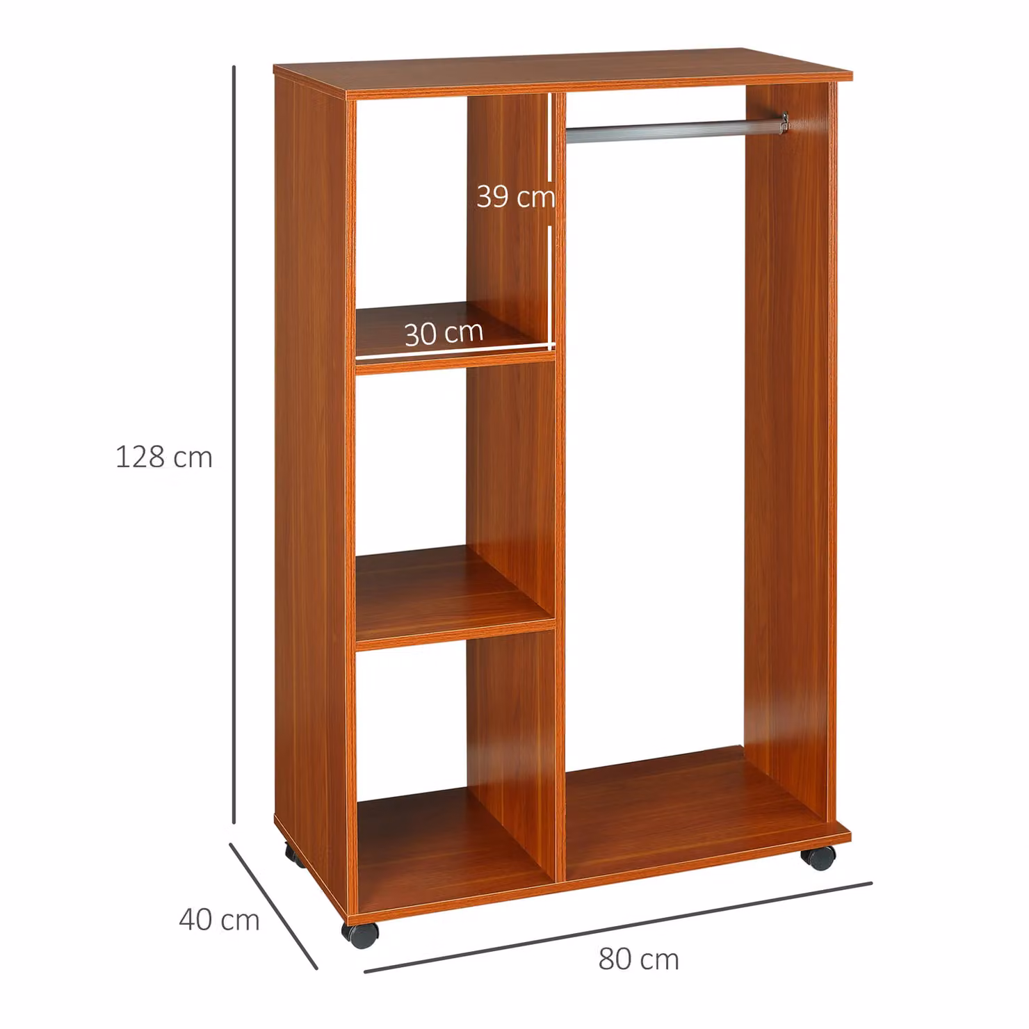 HOMCOM Rolling Open Wardrobe with Hanging Rail and Storage Shelves in Brown – 3