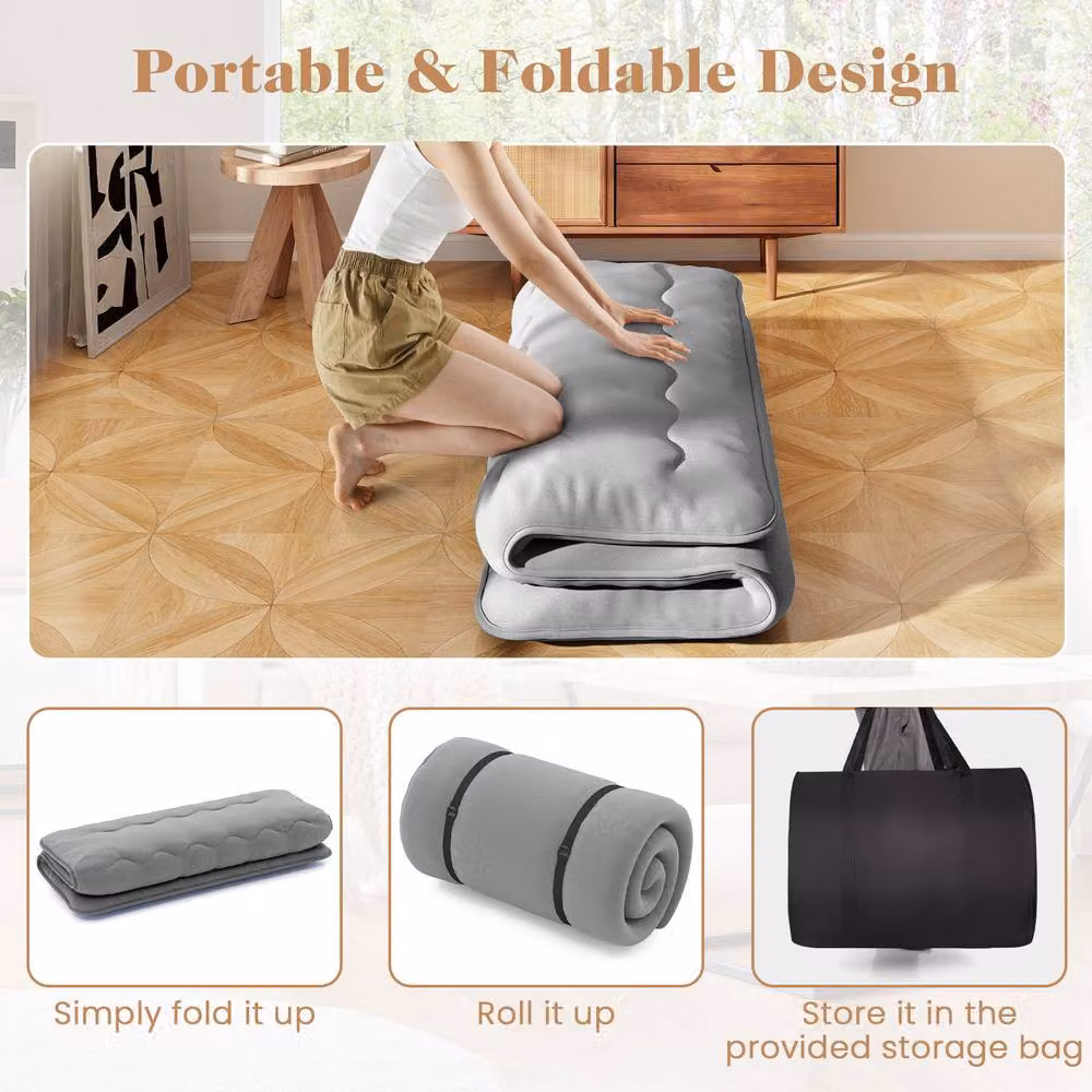 Gymax Queen Size Grey Roll Up Floor Mattress and Tatami Mat with Carry Bag, W: 150 cm x D: 200 cm – 3