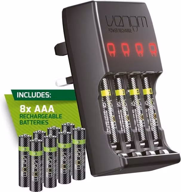 Venom Plug In Wall Battery Charger with 8 x AAA Rechargeable Batteries, Black