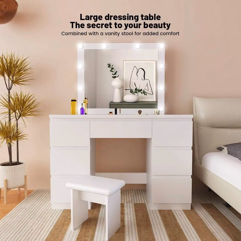 FORGEVIO Modern White Vanity Makeup Desk with Hollywood LED Lights and Large Mirror – 2