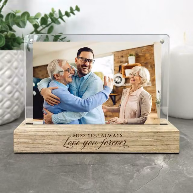 Modern Single Memorial Wooden Tabletop Photo Frame with Angels Wings and Feathers in Brown
