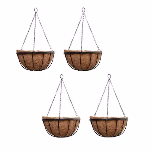 Thompson & Morgan Black Metal Hanging Basket Frames and Coconut Husk Liners for Trailing Plants, Diameter: 30 cm, Pack of 4