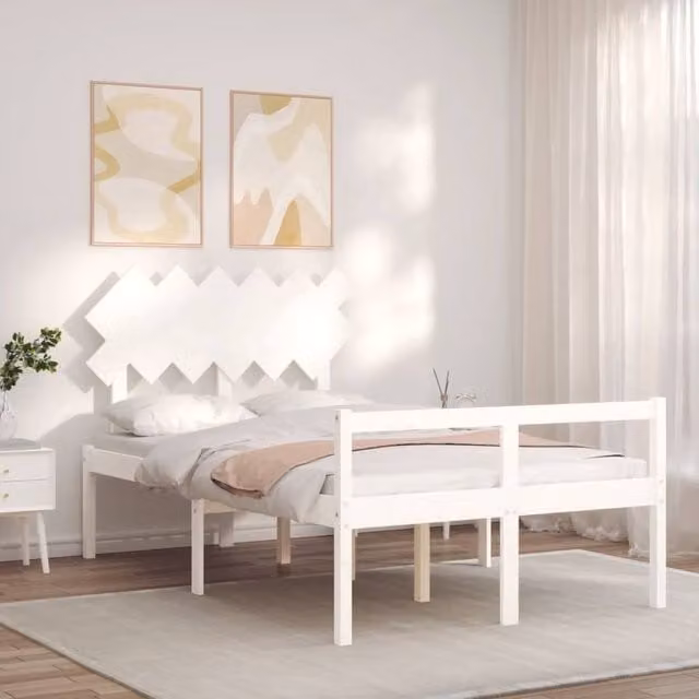 Berkfield Home Beautiful Solid Wood Pine Bed Frame with Headboard in White, W/D/H: 140.5 x 200 x 81 cm – 1