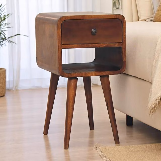 Artisan Furniture Solid Mango Wood Mini Chestnut Curve Lower Bedside Table in Brown