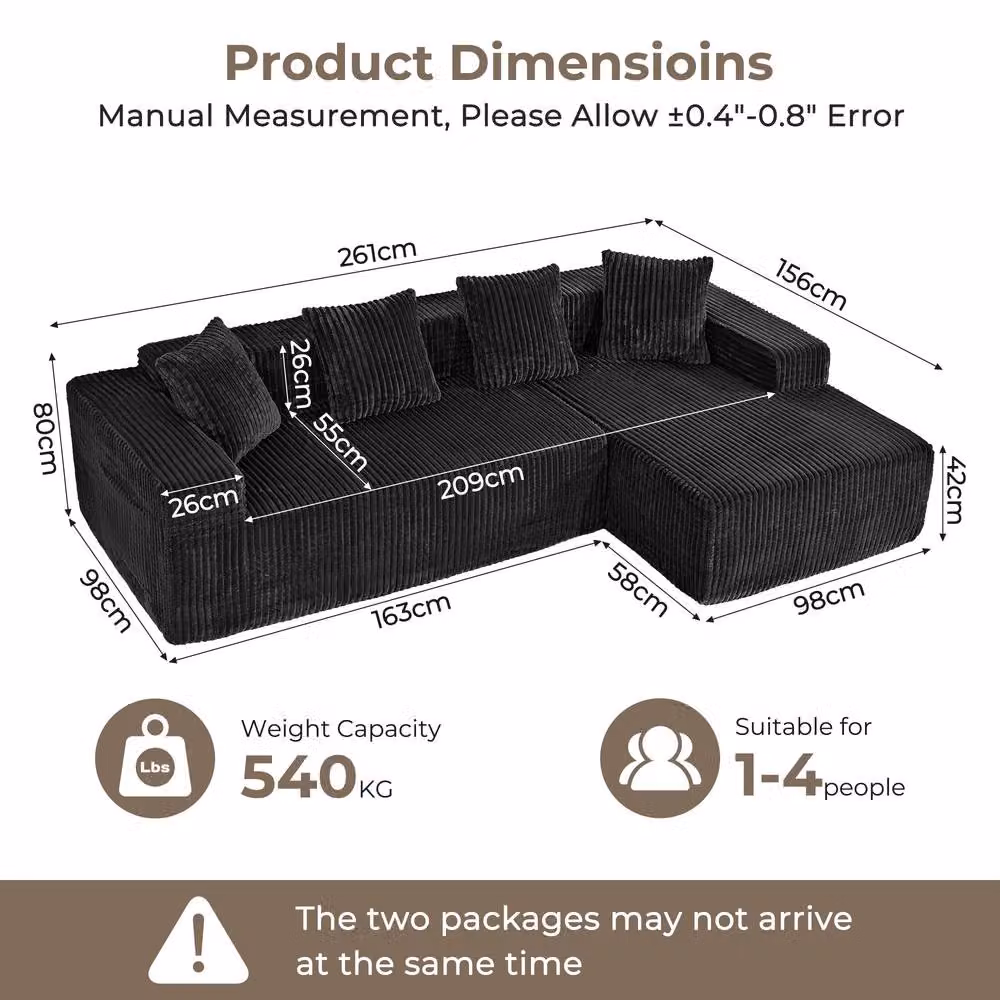 Dprodo 261 cm Modular Right L-Shaped 4 Seater Sectional Corner Sofa in Black Velvet Cord Fabric – 2