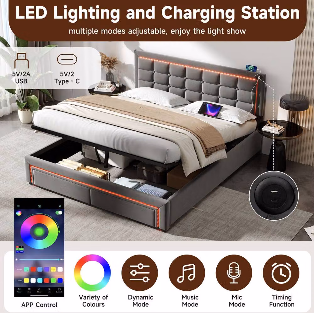 STILVORA Grey Upholstered Double Ottoman Bed Frame with Under-Bed LED Lighting and USB Charging Port, W/D/H: 140 x 200 x 137 cm – 6