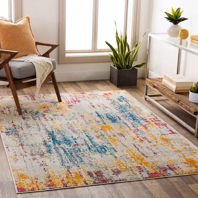 Livabliss Floransa Abstract Modern Marble Living and Dining Room Rug, Multicolour (Grey, Pink, Yellow, Blue), W: 200 cm, D: 275 cm – 1