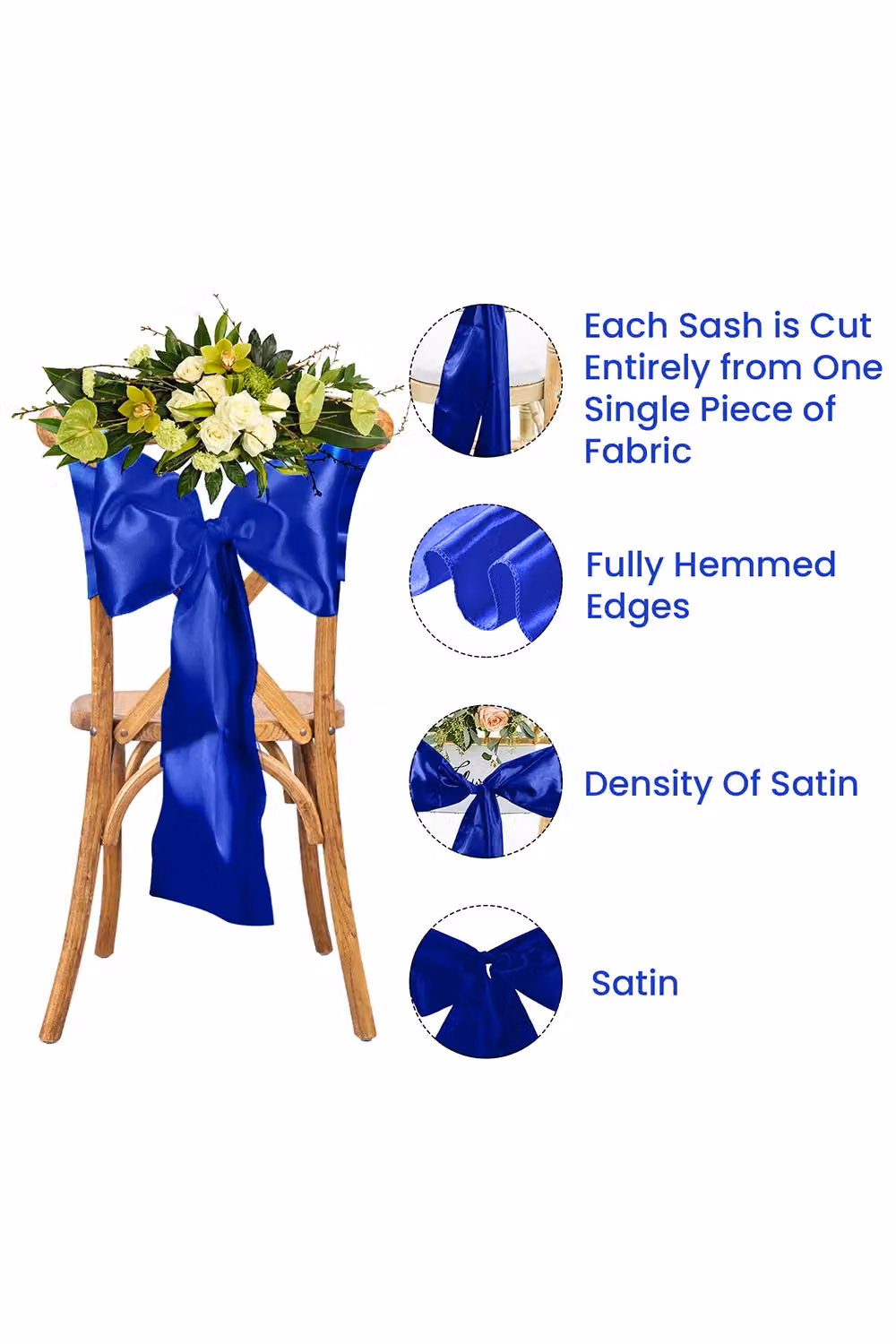 Neel Blue Set of 25 Satin Chair Sashes for Wedding and Party Decoration, Blue, W: 17.78 cm, L: 274.32 cm – 4