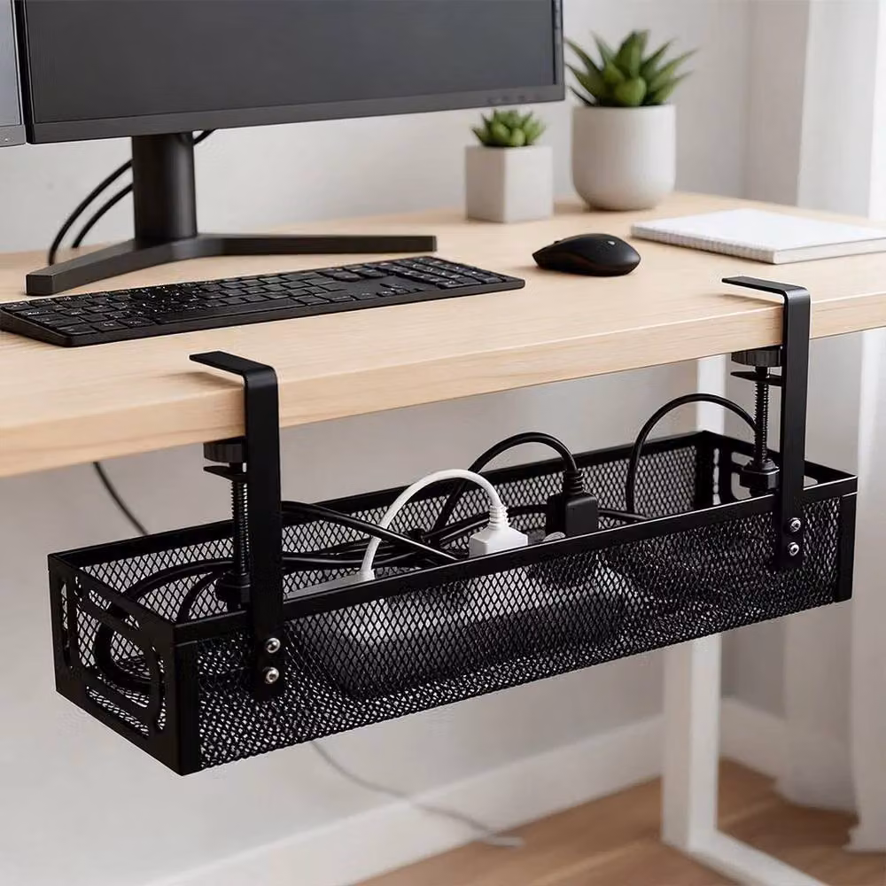 PAWNORA Black Metal Under Desk Cable Management Tray No-Drill – 5