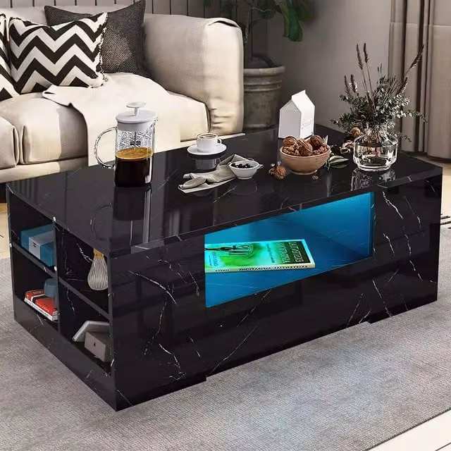 Comfy Living Modern Rectangular 2 Drawer LED Coffee Table in Black Glossy Composite