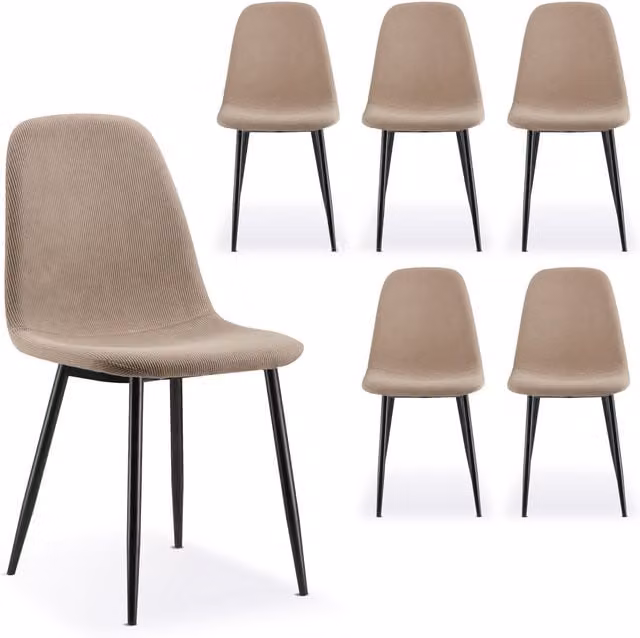 VonHaus Set of 6 Mid-Century Dining Chairs in Beige and Black with Cord Fabric and Metal Legs