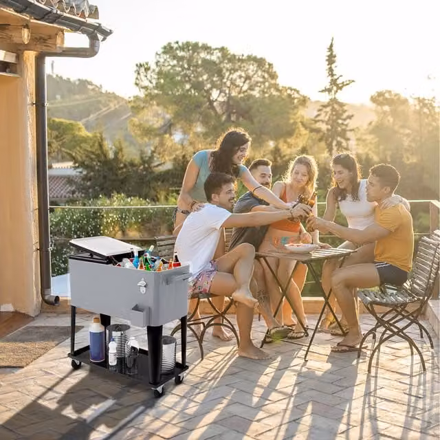 Costway 76L Rolling Cooler Cart with Compartments in Silver