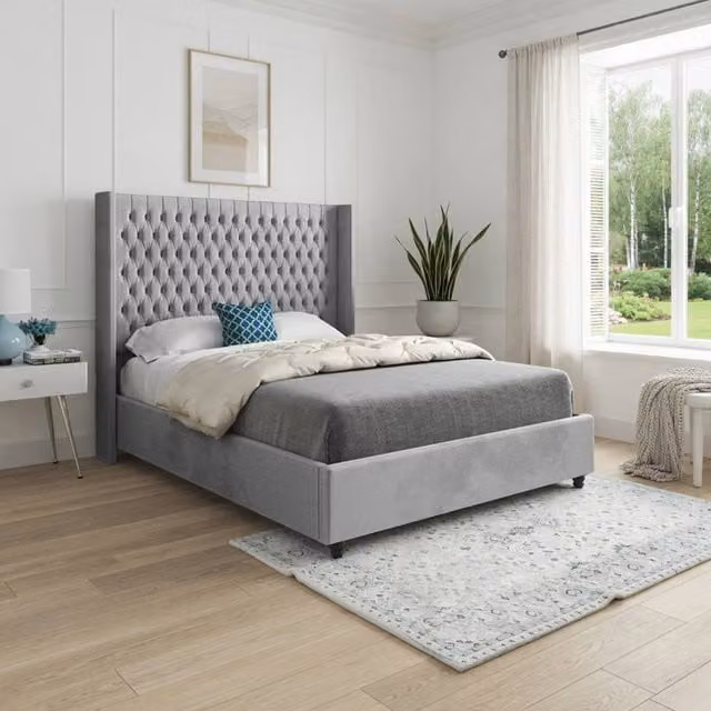 Casani Tibenham Super King Upholstered Designer Bed Frame in Grey Soft Velvet, W/D/H: 200 x 137 x 189 cm