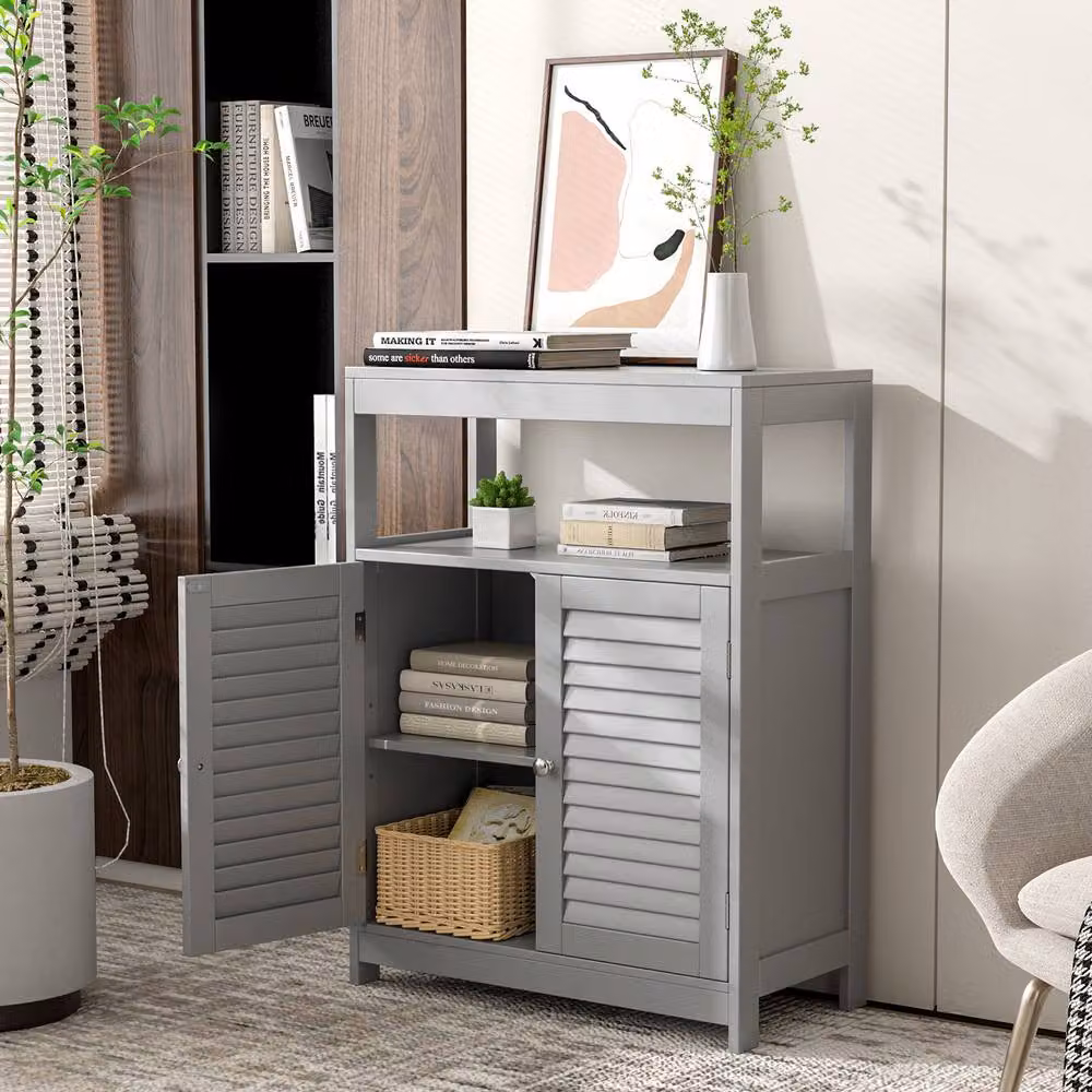 Gymax Freestanding Grey Bathroom Cabinet with Roll Shutter Doors and Internal Shelves – 3