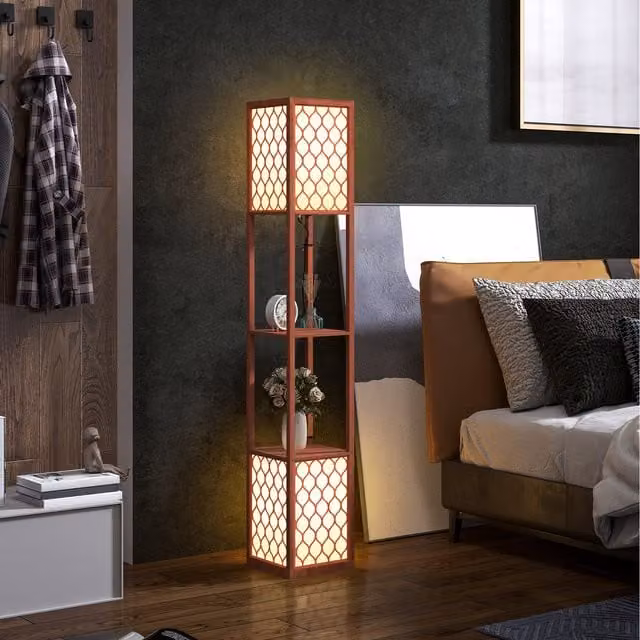 HOMCOM Modern 2 Lights Floor Lamp with Shelves in Brown