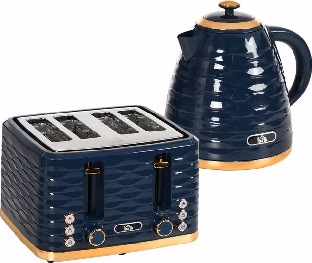 HOMCOM Blue Kettle and 4 Slice Toaster Set with 3000W Rapid Boil Kettle and 1.7L Capacity and 7 Browning Controls and Crumb Tray