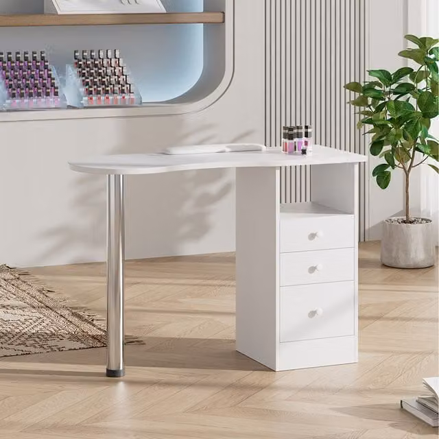 Komore Modern White Nail Desk with 3 Drawers and Central Support Column