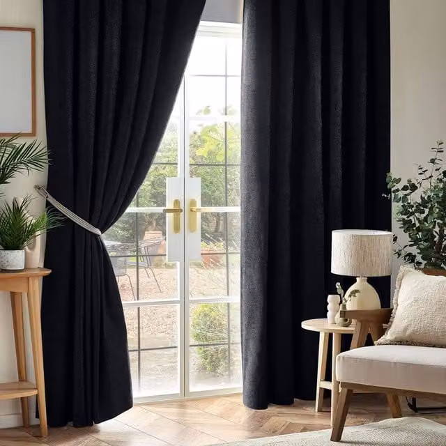 Luxury Living Blackout Chenille Pencil Pleat Top Curtains in Black, Width: 168 cm, Drop: 229 cm