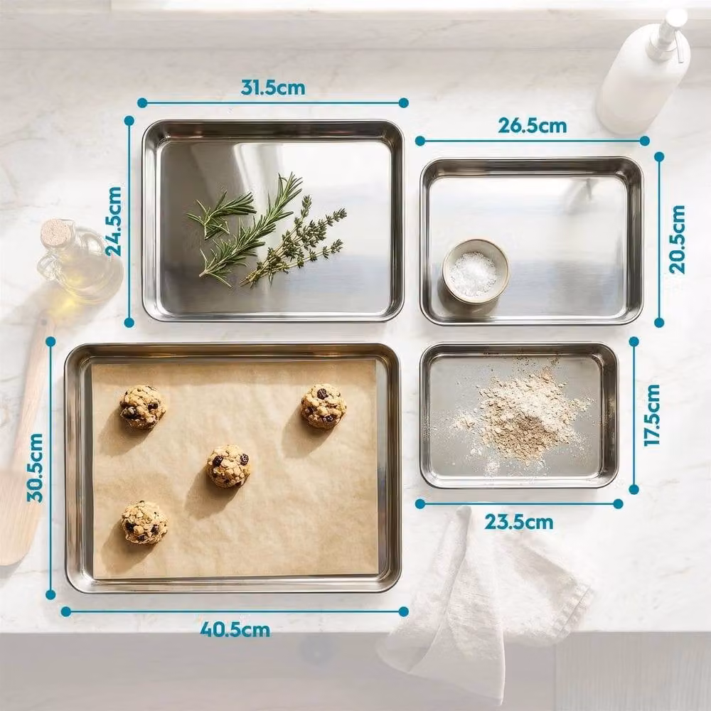 PAWNORA Set of 4 Rectangular Stainless Steel Oven Roasting Bakeware Trays in Silver – 1