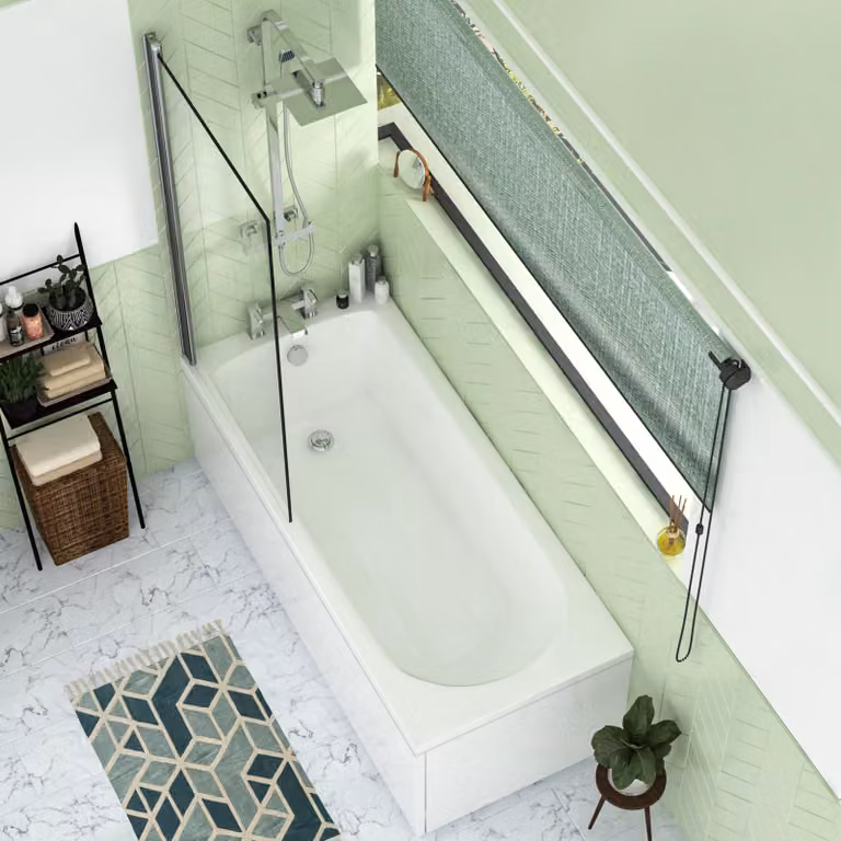 Royal Bathrooms Breeze White Acrylic Round Single Ended Shower Bath Set with Square Screen, Front and End Panel, W: 150 cm, D: 70 cm