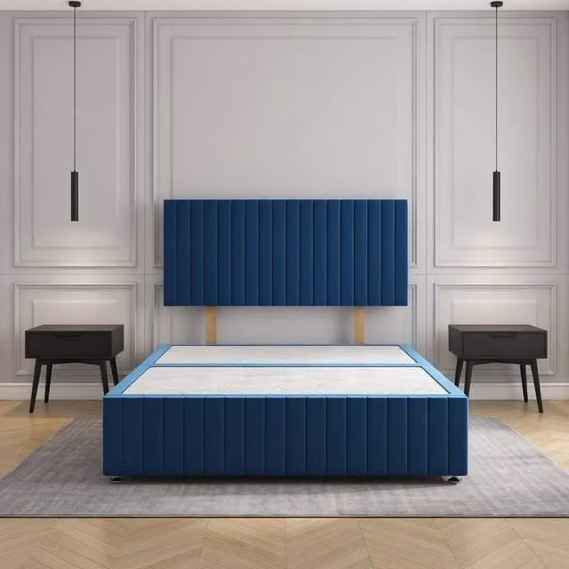 Regional Furnishings Plush Blue Velvet Upholstered Small Double Divan Bed Base with 24 inch Headboard, W/D/H: 120 x 200 cm