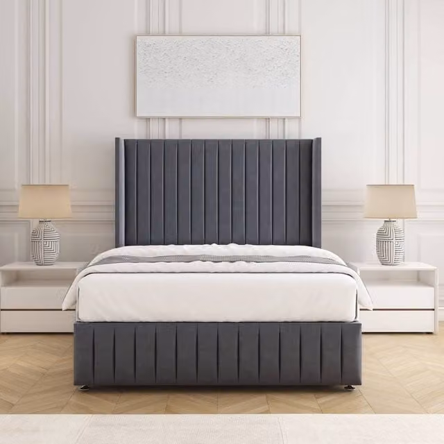 BSSPOKE Luna Super King Plush Velvet Divan Bed with Headboard and Mattress in Charcoal Grey, W/D/H: 180 x 200 cm