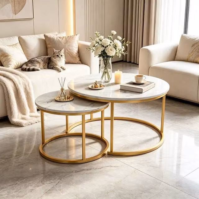 FORGEVIO White and Gold Round Nesting Coffee Table Set – 1