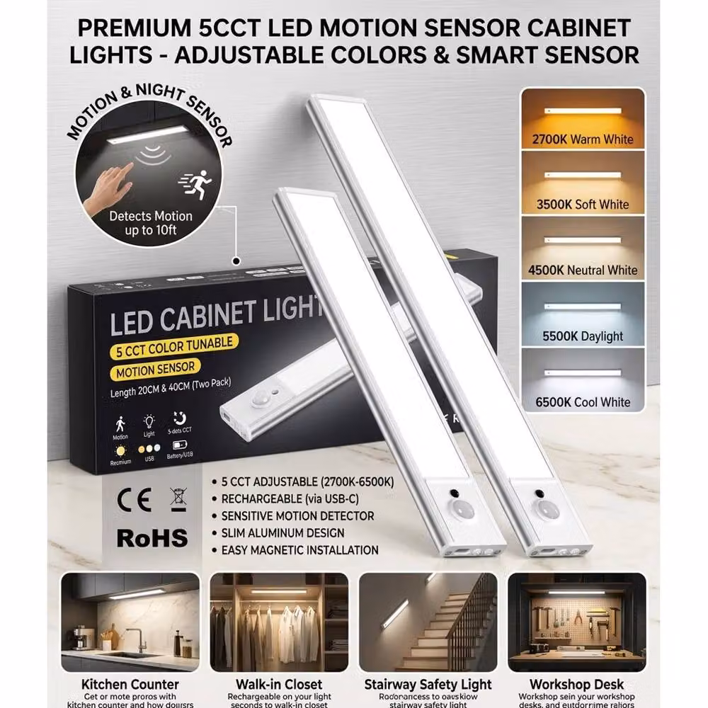 VOGREX 2-Pack LED Motion Sensor Night Lights with 5CCT and USB-C Rechargeable Magnetic Bar in White, 30 cm – 2